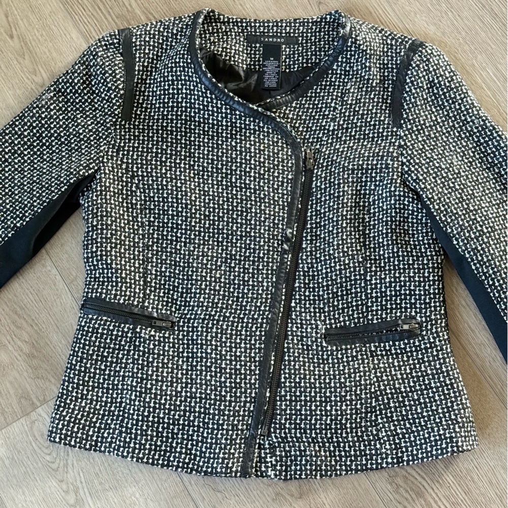 Sandro Monochrome Tweed Jacket Motorcycle Jacket w/ Leather Trim - Picture 1 of 6